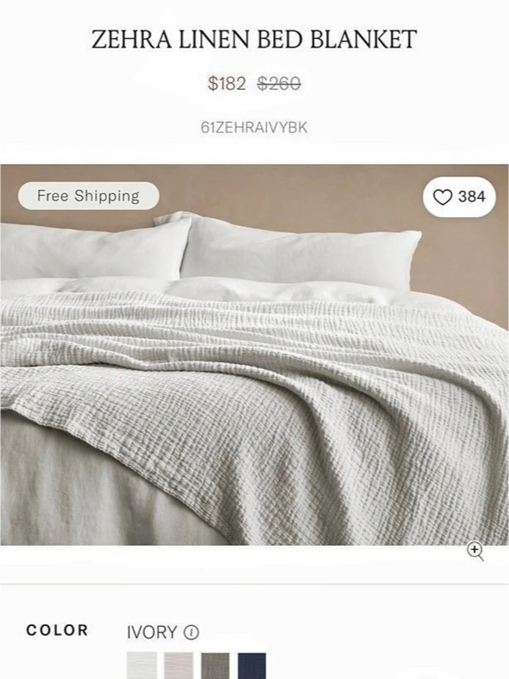 Arhaus King Zehra Bed Blanket in White NWT